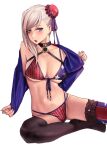  1girl american_flag_bikini american_flag_legwear applekun asymmetrical_hair bangs bikini blue_eyes boots breasts bun_cover cleavage fate/grand_order fate_(series) flag_print hair_bun highres large_breasts long_hair miyamoto_musashi_(fate) miyamoto_musashi_(swimsuit_berserker)_(fate) multi-strapped_bikini multicolored_clothes multicolored_swimsuit navel open_mouth pink_hair ponytail print_swimsuit shrug_(clothing) side_bun single_hair_intake single_sidelock single_thigh_boot single_thighhigh solo swept_bangs swimsuit thigh_boots thighhighs two-tone_swimsuit underboob white_background 