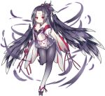  1girl ao_jun ark_order black_feathers black_hair black_wings breasts detached_collar detached_sleeves dress facial_mark falling_feathers feathered_wings forehead_mark full_body geta gradient gradient_legwear harpy karasu_tengu_(ark_order) long_hair long_sleeves looking_at_viewer medium_breasts monster_girl official_art one_side_up pantyhose red_eyes sidelocks solo tachi-e transparent_background white_dress wide_sleeves winged_arms wings 
