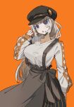  1girl a.i._voice black_headwear blue_eyes breasts brown_skirt cabbie_hat commentary cowboy_shot grey_hair hand_up hat high-waist_skirt kizuna_akari large_breasts long_hair looking_at_viewer open_mouth orange_background shirt skirt solo standing star_(symbol) star_print suspender_skirt suspenders symbol-only_commentary triangle_mouth tttt_mori very_long_hair voiceroid white_shirt 