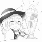  +_+ 1girl bangs blouse blush bow collar collared_blouse cream crystal eyebrows_visible_through_hair eyes_visible_through_hair food frills glass greyscale hair_between_eyes hat hat_bow highres ice_cream jewelry komeiji_koishi long_sleeves looking_to_the_side marukyuu_ameya monochrome open_mouth parfait short_hair simple_background solo star_(symbol) table third_eye touhou upper_body white_background wide_sleeves 