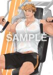  1boy alternate_pectoral_size bangs bara bare_arms bare_shoulders black_shorts blonde_hair blush breath bulge clothes_lift commission granblue_fantasy gym gym_shorts harada_(basashi) large_pectorals looking_at_viewer male_focus midriff_peek muscular muscular_male open_mouth pectoral_cleavage pectorals sample see-through shirt shirt_lift short_hair shorts sideburns skeb_commission smile solo sweat tied_sleeves undercut vane_(granblue_fantasy) watermark weightlifting wet wet_clothes wet_shirt white_shirt 