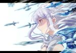  1girl bangs blunt_bangs crystal emilia_(re:zero) floating floating_object floating_weapon from_side hair_ornament long_hair open_mouth purple_eyes re:zero_kara_hajimeru_isekai_seikatsu shading shake_sawa silver_hair solo x_hair_ornament 