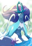 closed_mouth commentary_request from_below frown looking_to_the_side no_humans oooise pokemon pokemon_(creature) red_eyes signature suicune water water_drop wooper 