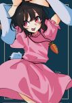  1girl :d animal_ears arms_up bangs blue_background brown_hair carrot_necklace commentary contrapposto cowboy_shot dress eyebrows_behind_hair floppy_ears hair_between_eyes highres inaba_tewi looking_at_viewer myuga66666 one-hour_drawing_challenge pink_dress puffy_short_sleeves puffy_sleeves rabbit_ears rabbit_tail red_eyes short_hair short_sleeves signature simple_background smile solo tail touhou 
