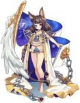  1girl animal_ear_fluff animal_ears ankh anklet ark_order bangs barefoot blue_eyes brown_hair cane cape chain constellation_print ear_piercing eye_of_horus feathered_wings fox_ears frilled_panties frills full_body gold_trim hair_tubes jewelry lion_tail long_hair looking_at_viewer mao_ren_tv_xiao_z official_art panties piercing pillar see-through_shirt shirt short_eyebrows sidelocks single_wing solo sphinx_(ark_order) tachi-e tail transparent_background underwear white_cape white_feathers white_panties white_shirt white_wings wings 