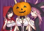  3girls armor armored_dress bangs bare_shoulders black_cape black_hair black_headwear blonde_hair blush breasts brooch cape cleavage_cutout cloak clothing_cutout corset cross-laced_clothes dress elfenlied22 fate/grand_order fate_(series) grin hat head_wings hildr_(fate) hood hooded_cloak jack-o&#039;-lantern jewelry large_breasts long_hair looking_at_viewer multiple_girls one_eye_closed open_mouth ortlinde_(fate) pink_hair popped_collar pumpkin red_cloak red_eyes short_hair sidelocks smile thighs thrud_(fate) underbust valkyrie_(fate) white_dress witch_hat 