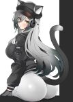  1girl animal_ear_headwear arknights ass blush breasts cat_tail eyebrows_visible_through_hair from_behind gloves grey_background grey_hair hair_over_one_eye haru-san_(heinetsu38_6) hat headset highres jacket large_breasts long_hair long_sleeves looking_at_viewer looking_back official_alternate_costume schwarz_(arknights) schwarz_(skyline)_(arknights) sitting solo tail two-tone_background white_background yellow_eyes 