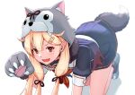  1girl all_fours alternate_costume black_serafuku blonde_hair claw_pose commentary fang gao hair_flaps hair_ornament hairclip highres kantai_collection long_hair porupurucha red_eyes remodel_(kantai_collection) school_uniform serafuku sidelocks solo straight_hair tail wolf_girl wolf_hood wolf_tail yuudachi_(kancolle) 