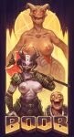  3girls abs absurdres areolae armor axe bald bald_girl battle_axe breasts colored_sclera colored_skin commentary copyright_name covered_mouth crotch_plate cyancapsule dark-skinned_female dark_areolae dark_nipples dark_skin demon_horns doom_(series) doom_eternal english_commentary exposed_brain faulds gauntlets genderswap genderswap_(mtf) giant giantess glowing glowing_eyes grey_skin heart heart-shaped_pupils height_difference highres horns huge_weapon lamia large_breasts marauder_(doom_eternal) mask mechanical_parts monster_girl mouth_mask multiple_girls nipples nude pentagram red_sclera revenant_(doom) scales sharp_teeth shoulder_armor single_gauntlet symbol-shaped_pupils teeth topless weapon whiplash_(doom_eternal) yellow_eyes 