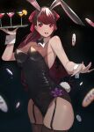  1girl absurdres alcohol alternate_costume animal_ears black_legwear black_leotard bow breasts cup detached_collar fake_animal_ears fake_tail garter_straps gedou_hakurou hair_bow highres holding holding_tray leotard long_hair medium_breasts parted_lips persona persona_5 persona_5_the_royal playboy_bunny poker_chip rabbit_ears rabbit_tail red_bow red_eyes red_hair solo tail teeth thighhighs tray upper_teeth very_long_hair wrist_cuffs yoshizawa_kasumi 
