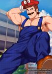  1boy armpit_hair armpits ass_visible_through_thighs bara bare_arms bare_shoulders buttons chest_hair facial_hair foot_out_of_frame foreshortening hand_in_hair kienbiu large_pectorals legs_apart long_sideburns looking_at_viewer male_focus mario mario_(series) mature_male muscular muscular_male mustache naked_overalls no_shirt older overalls pectoral_cleavage pectorals personification reward_available short_hair sideburns sidepec smirk solo super_mario_odyssey thick_thighs thighs 