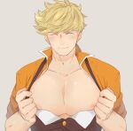  1boy bangs bara blonde_hair blush buttons closed_eyes closed_mouth clothes_pull covered_nipples granblue_fantasy grey_background highres jacket large_pectorals male_focus muscular muscular_male nipples orange_jacket pectoral_cleavage pectoral_focus pectorals pulled_by_self rapbitan short_hair smile solo upper_body vane_(granblue_fantasy) 