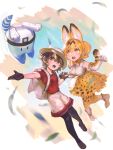  2girls animal_ears artist_name backpack bag bangs black_footwear black_gloves black_hair black_legwear blonde_hair bow bowtie cat_ears cat_tail elbow_gloves frischenq full_body gloves grey_eyes hat hat_feather helmet holding_hands kaban_(kemono_friends) kemono_friends lucky_beast_(kemono_friends) multiple_girls open_mouth orange_bow orange_bowtie outstretched_hand pantyhose pith_helmet print_bow print_bowtie red_shirt serval_(kemono_friends) serval_print shirt shoes short_hair short_sleeves shorts signature skirt sleeveless sleeveless_shirt tail two-tone_bowtie white_bag white_bow white_bowtie white_footwear white_headwear white_shirt white_shorts yellow_eyes yellow_legwear yellow_skirt 