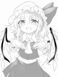  1girl ascot bangs blush bow collar collared_shirt crystal eyebrows_visible_through_hair eyes_visible_through_hair fangs flandre_scarlet greyscale hair_between_eyes hands_up hat hat_ribbon highres jewelry looking_at_viewer marukyuu_ameya mob_cap monochrome one_eye_closed open_mouth puffy_short_sleeves puffy_sleeves ribbon shirt short_hair short_sleeves simple_background skirt smile solo touhou vest white_background wings wrist_cuffs 