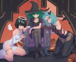  3girls absurdres alternate_costume angel angel_wings aqua_hair bangs bat black_legwear boots breasts chair cleavage cleavage_cutout clothing_cutout crescent crescent_hat_ornament daniel_deves dark_green_hair demon demon_girl demon_horns demon_tail demon_wings dress elbow_gloves fake_halo fake_horns flat_chest fubuki_(one-punch_man) glasses gloves green_eyes green_hair halloween halloween_costume halo hand_on_own_face hand_up hat hat_ornament high_heel_boots high_heels highres horns jewelry kneeling looking_at_viewer medium_breasts medium_hair multiple_girls necklace one-punch_man pantyhose psychos puffy_short_sleeves puffy_sleeves short_hair short_sleeves siblings side_slit sisters sitting tail tatsumaki white_dress wings witch witch_hat 