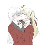  2girls anmitsu_sd arm_around_neck blonde_hair blush closed_eyes commentary_request eyebrows_visible_through_hair hand_on_another&#039;s_shoulder heart highres hyakkaou_academy_uniform kakegurui kiss long_hair momobami_ririka multiple_girls saotome_meari simple_background white_background white_hair yuri 