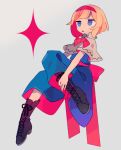  1girl :o alice_margatroid back_bow bad_id bad_tumblr_id bangs black_footwear blonde_hair blue_dress blue_eyes blunt_bangs boots bow bowtie capelet cross-laced_footwear daizu_(melon-lemon) dress empty_eyes eyebrows_visible_through_hair facing_viewer folded_leg from_side full_body grey_background hairband hand_on_own_leg high_collar highres invisible_chair jitome knee_boots knee_up leg_up long_dress looking_away parted_lips pink_bow pink_bowtie pink_hairband pink_neckwear pink_ribbon red_hairband ribbon sash shoelaces short_hair simple_background sitting solo sparkle swept_bangs touhou two-sided_fabric white_capelet 