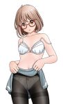  1girl absurdres ahoge black_legwear blue_skirt bow bow_bra bow_panties bra brown_hair clothes_lift collarbone cowboy_shot glasses highres kuriyama_mirai kyoukai_no_kanata lifted_by_self lingerie looking_at_viewer navel no_shirt open_mouth panties panties_under_pantyhose pantyhose sayarbea sheer_legwear short_hair simple_background skirt skirt_lift solo teeth thick_thighs thigh_gap thighs underwear undressing upper_teeth white_background white_bra white_panties yellow_eyes 