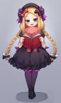  1girl :d abigail_williams_(fate) bangs beret black_dress black_headwear blonde_hair blue_eyes blush book braid breasts cosplay dress fate/extra fate/grand_order fate_(series) forehead frills full_body hat highres long_hair looking_at_viewer miya_(miyaruta) nursery_rhyme_(fate) nursery_rhyme_(fate)_(cosplay) open_book pantyhose parted_bangs puffy_short_sleeves puffy_sleeves short_sleeves small_breasts smile twin_braids 