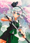  1girl black_hairband black_ribbon blue_eyes breasts buttons cherry_tree collared_shirt cowboy_shot dress_shirt eyebrows_visible_through_hair green_skirt green_vest hairband hitodama holding holding_sword holding_weapon katana konpaku_youmu looking_at_viewer neck_ribbon open_mouth outdoors puffy_short_sleeves puffy_sleeves qqqrinkappp ribbon sheath shiny shiny_hair shirt short_hair short_sleeves silver_hair skirt skirt_set small_breasts sword tassel touhou traditional_media tree unsheathing vest weapon white_shirt 