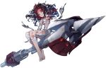  1girl ares_(ark_order) ark_order bandages bangs bare_shoulders black_hair blood blood_on_bandages colored_skin facial_mark forehead forehead_mark full_body grey_skin grin k_suke_(weibo) long_hair looking_at_viewer multicolored_hair official_art red_eyes riding sharp_teeth sidelocks sitting smile solo streaked_hair tachi-e teeth transparent_background 