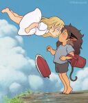  2girls adora_(she-ra) animal_ears baloogoob barefoot blonde_hair brown_hair catra child closed_mouth cloud day dress eye_contact gake_no_ue_no_ponyo long_hair looking_at_another multiple_girls outdoors parted_lips shadow she-ra_and_the_princesses_of_power sky tail tiptoes toy_boat twitter_username white_dress younger yuri 