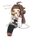  1girl ahoge black_legwear boots brown_hair cake closed_eyes detached_sleeves double_bun eating food hairband headgear highres invisible_chair japanese_clothes kantai_collection kongou_(kancolle) long_hair lr_hijikata popped_collar remodel_(kantai_collection) ribbon-trimmed_sleeves ribbon_trim simple_background sitting solo thigh_boots thighhighs translation_request white_background 