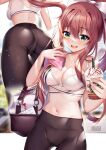  1girl :d ass bag black_pants bow breasts brown_hair cleavage crop_top cup disposable_cup doki_doki_literature_club duffel_bag from_behind green_eyes groin hair_bow hair_intakes hands_up highres holding large_breasts long_hair looking_at_viewer midriff monika_(doki_doki_literature_club) multiple_views navel pants ponytail sidelocks sleeveless smile sports_bra squchan starbucks stomach very_long_hair yoga_pants 