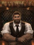  1boy bar bara beard bottle facial_hair highres jang_ju_hyeon looking_at_viewer male_focus muscular muscular_male necktie original short_hair sitting sleeves_rolled_up smile solo stubble table watch wristwatch 