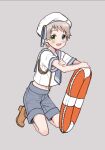  1boy blush child eyebrows_visible_through_hair grey_background grey_hair hat heterochromia highres lifebuoy looking_at_viewer male_focus navel open_mouth original piko_(pixiv) sailor_collar sailor_hat sailor_shirt shirt shorts solo tooth 