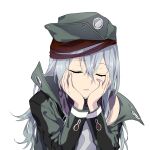  1girl absurdres blue_hair closed_eyes eyebrows_visible_through_hair g11_(girls&#039;_frontline) girls&#039;_frontline green_headwear green_jacket hands_on_own_face highres jacket long_hair open_clothes open_jacket open_mouth shirt solo suprii upper_body white_background white_shirt 