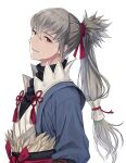  1boy absurdres closed_mouth fire_emblem fire_emblem_fates fur gnsn_tori grey_hair hair_between_eyes hair_ribbon highres long_hair looking_at_viewer low-tied_long_hair male_focus ponytail red_eyes red_ribbon ribbon simple_background solo takumi_(fire_emblem) tassel upper_body white_background 