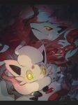  bright_pupils commentary_request evolutionary_line fangs furry glowing glowing_eyes highres hisuian_zoroark hisuian_zorua looking_down nao_(naaa_195) pokemon pokemon_(creature) white_pupils yellow_eyes 