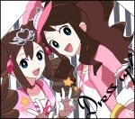  2girls :d arm_garter bangs blue_eyes bright_pupils brown_hair commentary_request dress eyebrows_visible_through_hair eyelashes gloves green_eyes hair_ornament high_ponytail hilda_(pokemon) kanade long_hair looking_at_viewer multiple_girls official_alternate_costume open_mouth pink_dress pokemon pokemon_(game) pokemon_bw2 pokemon_masters_ex pokestar_studios rosa_(pokemon) sidelocks smile star_(symbol) tongue twintails upper_body 