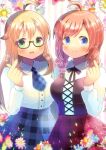  2girls :d ahoge bangs blonde_hair blue_eyes blue_necktie blue_skirt blurry blurry_background blush borrowed_character bow braid breasts brown-framed_eyewear closed_mouth collared_shirt commentary_request commission copyright_request depth_of_field dress_shirt eyebrows_visible_through_hair finger_heart floral_background gingham gingham_necktie glasses green_eyes hair_between_eyes hair_bow hand_up kou_hiyoyo long_hair long_sleeves medium_breasts multiple_girls neckerchief necktie orange_hair original pink_bow plaid plaid_neckwear plaid_skirt puffy_long_sleeves puffy_sleeves red_skirt semi-rimless_eyewear shirt skeb_commission skirt smile striped striped_background twin_braids under-rim_eyewear vertical_stripes very_long_hair white_shirt 