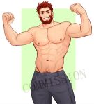  1boy abs alternate_costume bara beard biceps casual chest_hair commentary_request commission denim facial_hair fate/grand_order fate/zero fate_(series) flexing grey_pants iskandar_(fate) jeans large_pectorals looking_at_viewer male_focus male_pubic_hair mature_male mlacc muscular muscular_male navel navel_hair nipples pants pectorals pose pubic_hair red_eyes red_hair short_hair smile solo stomach thick_thighs thighs topless_male 