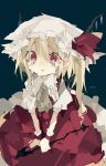  1girl :o aqua_background arm_support artist_name ascot bad_id bad_pixiv_id bags_under_eyes bangs blonde_hair brown_ascot constricted_pupils crying crying_with_eyes_open dark_background empty_eyes eyes_visible_through_hair flandre_scarlet frilled_cuffs frilled_shirt_collar frills from_above hair_between_eyes hat hat_ribbon holding holding_weapon kere_(kere9r) laevatein_(touhou) long_hair looking_up lossless-lossy mob_cap no_nose parted_lips petticoat puffy_short_sleeves puffy_sleeves red_eyes red_ribbon ribbon sad short_sleeves side_ponytail sitting solo stain stained_clothes tears touhou v_arms weapon white_headwear wing_collar wings wrist_cuffs 