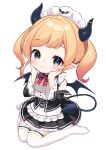  1girl apron bangs black_dress blonde_hair blue_eyes blush chibi closed_mouth commentary_request demon_girl demon_horns demon_tail demon_wings dress eyebrows_visible_through_hair full_body gradient_hair hands_on_own_cheeks hands_on_own_face hololive horns long_hair long_sleeves looking_at_viewer maid maid_headdress multicolored_hair no_shoes nyasunyadoora pointy_ears red_hair sidelocks signature simple_background sitting solo tail thighhighs twintails virtual_youtuber wariza white_apron white_background white_legwear wings younger yuzuki_choco 