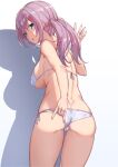  1girl adjusting_clothes against_wall akino_komichi ass bangs bikini blue_eyes breasts butt_crack cameltoe commentary_request covered_nipples eyebrows_visible_through_hair halterneck highres large_breasts looking_at_viewer looking_back low_twintails original purple_hair shadow side-tie_bikini simple_background solo standing string_bikini sweat swimsuit twintails white_background 