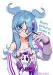  1girl blue_hair closed_mouth commentary elira_pendora english_commentary glasses gloves hair_ornament hand_up happy_birthday head_wings heart heterochromia highres long_hair looking_at_viewer mole mole_on_armpit nijisanji nijisanji_en off_shoulder pikl_(elira_pendora) round_eyewear simple_background smile solo sweater twitter_username upper_body virtual_youtuber white_background white_sweater yoako 