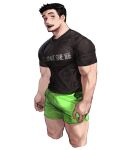  1boy bangs bara biceps black_hair black_shirt blush bulge clothes_writing commentary_request cropped_legs english_text facial_hair goatee green_shorts grey_eyes highres large_pectorals looking_at_viewer making-of_available male_focus muscular muscular_male open_mouth original pectorals print_shirt rinotuna shirt short_hair short_sleeves shorts side_slit side_slit_shorts sideburns simple_background solo taut_clothes taut_shirt thick_thighs thighs veins white_background 
