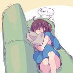  1other bangs blanket blanket_hug blue_jacket brown_hair closed_eyes couch frisk_(undertale) hug jacket lying open_mouth purple_shirt purple_shorts sans shirt short_hair short_shorts shorts sleeping solo speech_bubble tenya_mizuki undertale white_background 