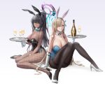  2girls absurdres alcohol animal_ears asuna_(blue_archive) bare_shoulders black_footwear black_hair black_legwear blue_archive blue_bow blue_bowtie bottle bow bowtie breasts brown_hair cleavage commentary_request cup dark-skinned_female dark_skin detached_collar drinking_glass fake_animal_ears fishnet_legwear fishnets full_body glass gradient gradient_background grey_background halo highres holding holding_plate karin_(blue_archive) large_breasts looking_at_viewer multiple_girls pantyhose plate playboy_bunny ponytail rabbit_ears shoes sitting smile white_footwear yo_owl 