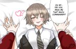  1boy 1girl artist_logo artist_name blush breasts collared_shirt commentary english_commentary english_text from_above girls&#039;_frontline girls&#039;_frontline_2:_exilium grey_necktie hair_between_eyes heart hetero highres holding_hands light_brown_hair looking_at_viewer lying necktie nowherebaget on_back on_bed one_eye_closed open_mouth pov pov_hands scar scar_across_eye shirt short_hair sleeves_folded_up small_breasts smile speech_bubble striped_necktie ump45_(girls&#039;_frontline) white_shirt 