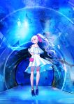  1girl absurdres aquarium aquarium_tunnel azur_lane bag bare_shoulders belfast_(azur_lane) black_footwear blush casual commentary_request dress fish hair_ribbon handbag high_heels highres long_hair looking_at_viewer looking_back manta_ray marumai off-shoulder_dress off_shoulder pink_purse pink_ribbon purple_eyes ribbon shark short_dress silver_hair smile solo 