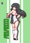  1girl artist_logo asashio_(kancolle) ass black_hair blue_eyes boots character_name dress from_behind full_body green_background hirose_tsunami kantai_collection long_hair looking_at_viewer looking_back one-hour_drawing_challenge race_queen smile solo standing strapless strapless_dress two-tone_background two-tone_dress white_dress white_footwear 