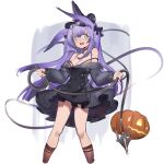  1girl :d animal_ears arknights breasts cleavage commentary cropped_legs dress green_eyes halloween hat highres jack-o&#039;-lantern long_hair long_sleeves looking_at_viewer medium_breasts nemo_(leafnight) off-shoulder_dress off_shoulder official_alternate_costume purple_hair rabbit_ears rope_(arknights) rope_(imp&#039;s_house)_(arknights) simple_background skindentation smile solo wavy_mouth whip white_background witch_hat 