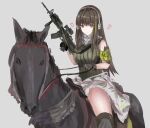  1girl armband assault_rifle clothes_around_waist girls&#039;_frontline grip gun headphones holding holding_gun holding_weapon horse horseback_riding jacket jacket_around_waist leash long_hair m4_carbine m4a1_(girls&#039;_frontline) martinreaction riding rifle saddle scope weapon 