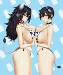  2girls animal_ears animal_print bell bikini black_hair blueorca blush breast_press breasts brown_eyes choker closed_mouth commentary cow_ears cow_horns cow_print cow_tail from_side highres holding_hands horns huge_breasts large_breasts long_hair looking_at_viewer micro_bikini mole mole_under_mouth multiple_girls neck_bell original parted_lips pendant_choker purple_eyes short_hair side-tie_bikini strap_gap swimsuit symmetrical_docking tail yuri 