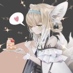 1girl absurdres animal_ears arknights bare_shoulders blonde_hair blue_hairband braid cake cake_slice commentary dress eating food fork fox_ears fox_girl fox_tail from_side fruit green_eyes hairband hands_up heart highres holding holding_fork holding_plate kitsune multicolored_hair multiple_tails oripathy_lesion_(arknights) plate short_hair_with_long_locks sideways_glance single_wrist_cuff solo speech_bubble spoken_heart strawberry strawberry_shortcake streaked_hair suzuran_(arknights) tactical_clothes tail tou_toutou upper_body utensil_in_mouth white_dress white_hair white_wrist_cuffs wrist_cuffs 
